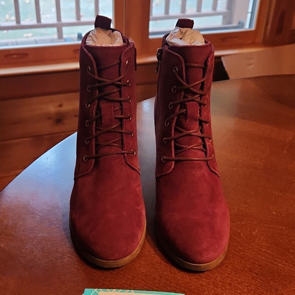 Diba Blake Leather Suede Ankle Lace Up & Zip Up Wedge Heeled Boots, Burgundy